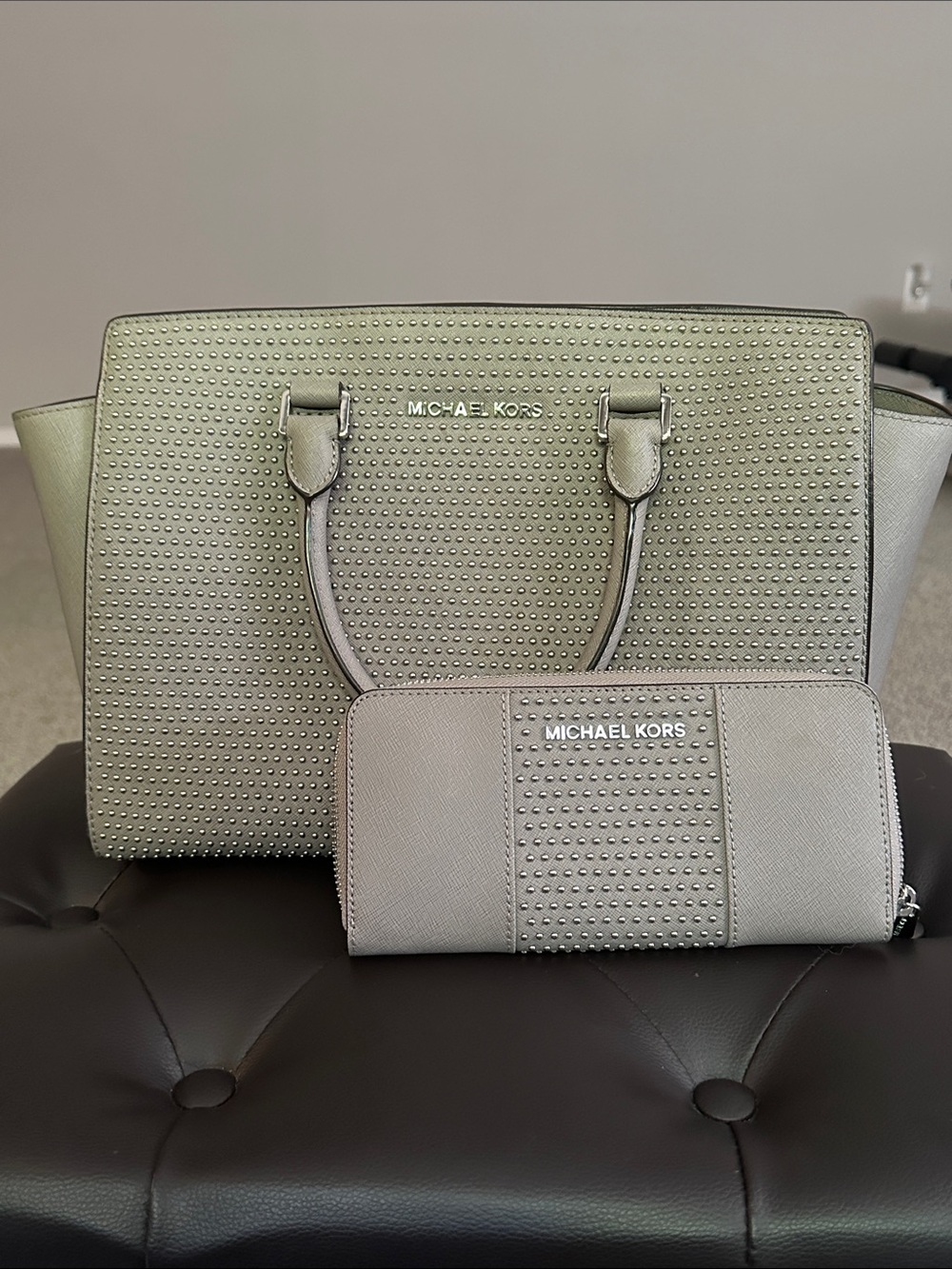 Michael Kors Light Gray Perforated Saffiano Tote with Matching Wallet